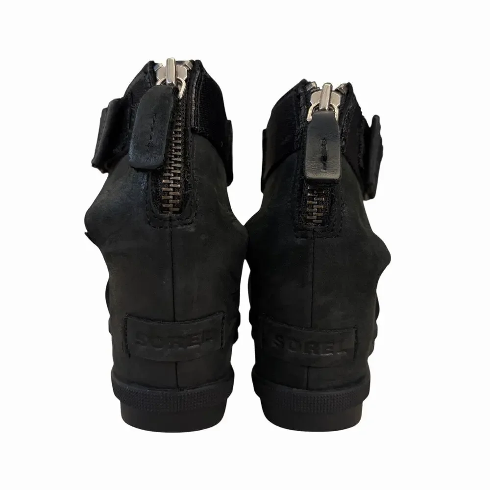 Sorel Joanie II Black Leather Ankle Strap Wedge Sandal Size 9 - Picture 4 of 6